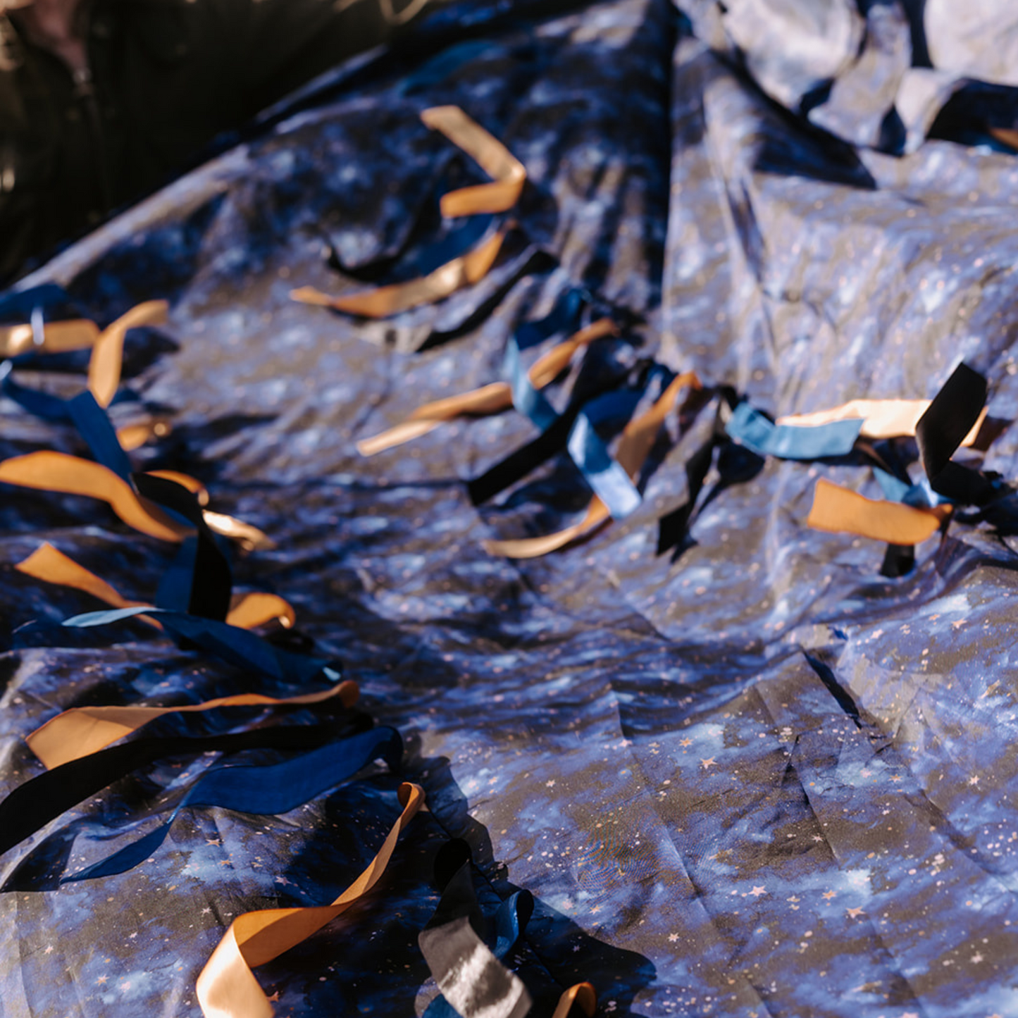 Starry Night Sensory Parachute with 200+ gold and blue ribbons for baby classes