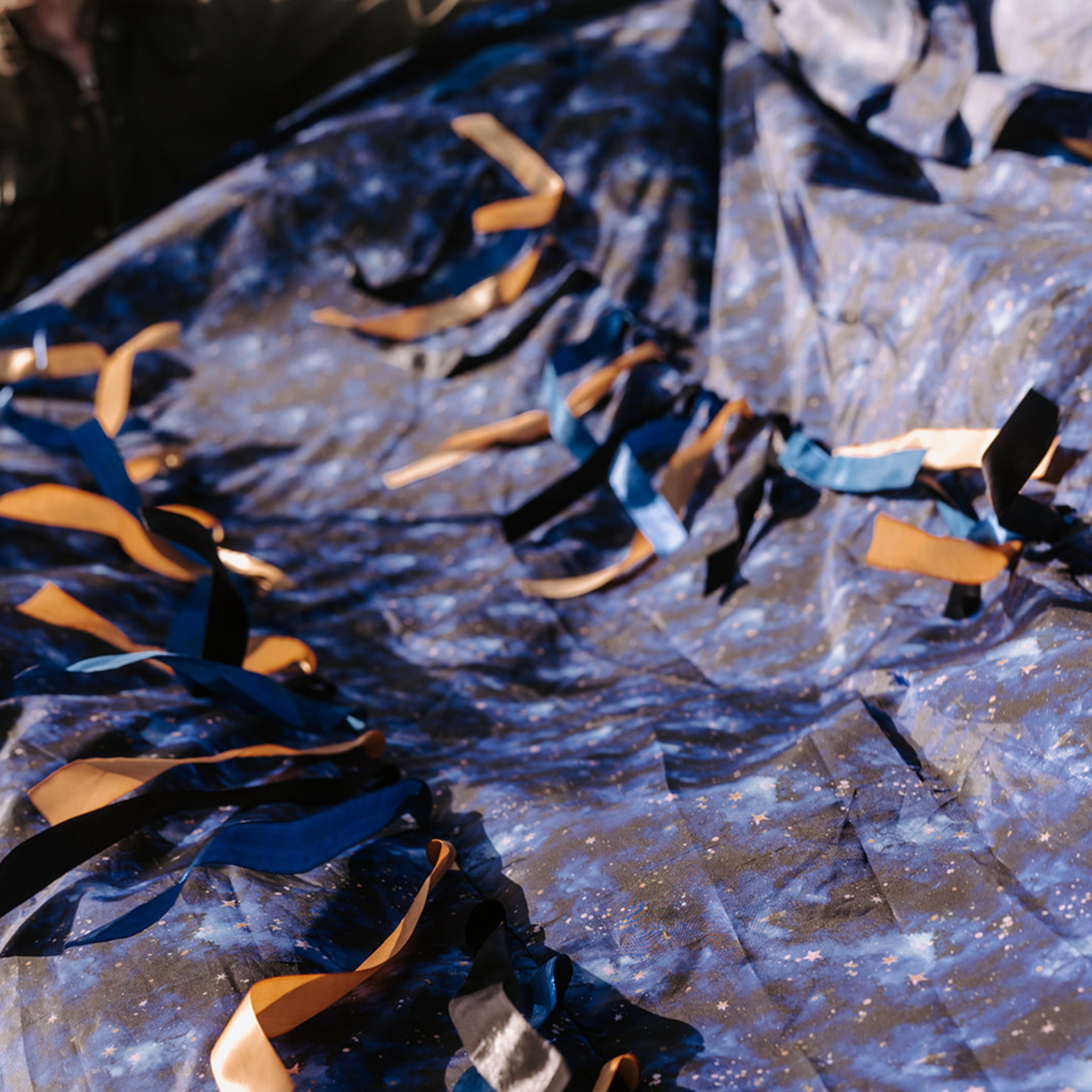 Starry Night Sensory Parachute with 200+ gold and blue ribbons for baby classes