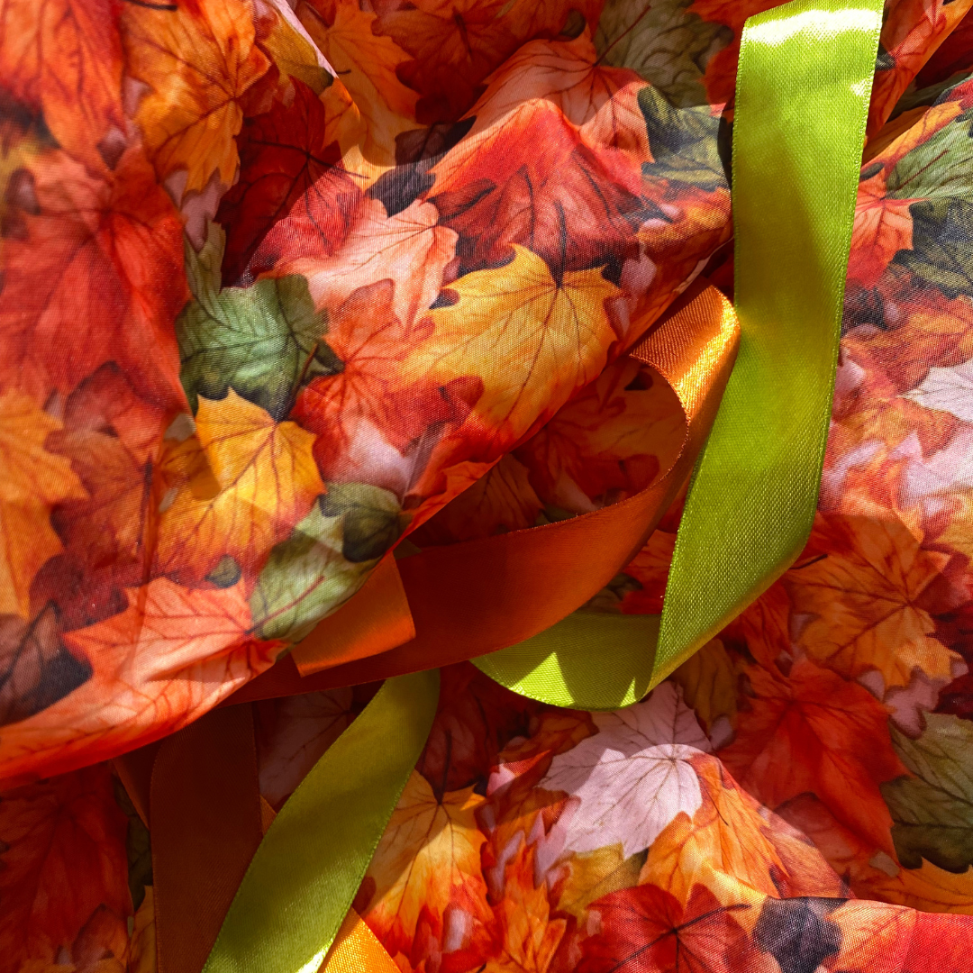 Autumn Sensory Parachute – cosy season limited edition baby class prop with gold, rust and green ribbons. Handmade sensory parachute for baby sensory and development classes.