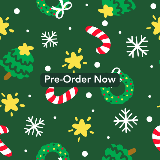 Christmas print stretchy scrunchy band fabric design — green with wreaths, candy canes, snowflakes and stars.