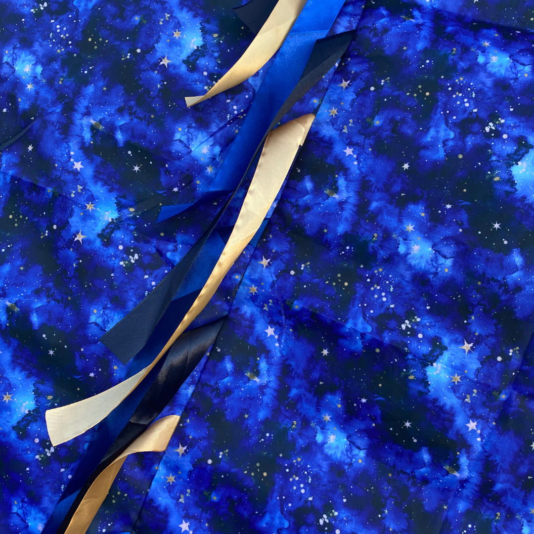 Starry Night Sensory Parachute – limited edition baby class prop  with shimmering royal blue, black & gold ribbons. Handmade sensory parachute for baby sensory, music and development classes.