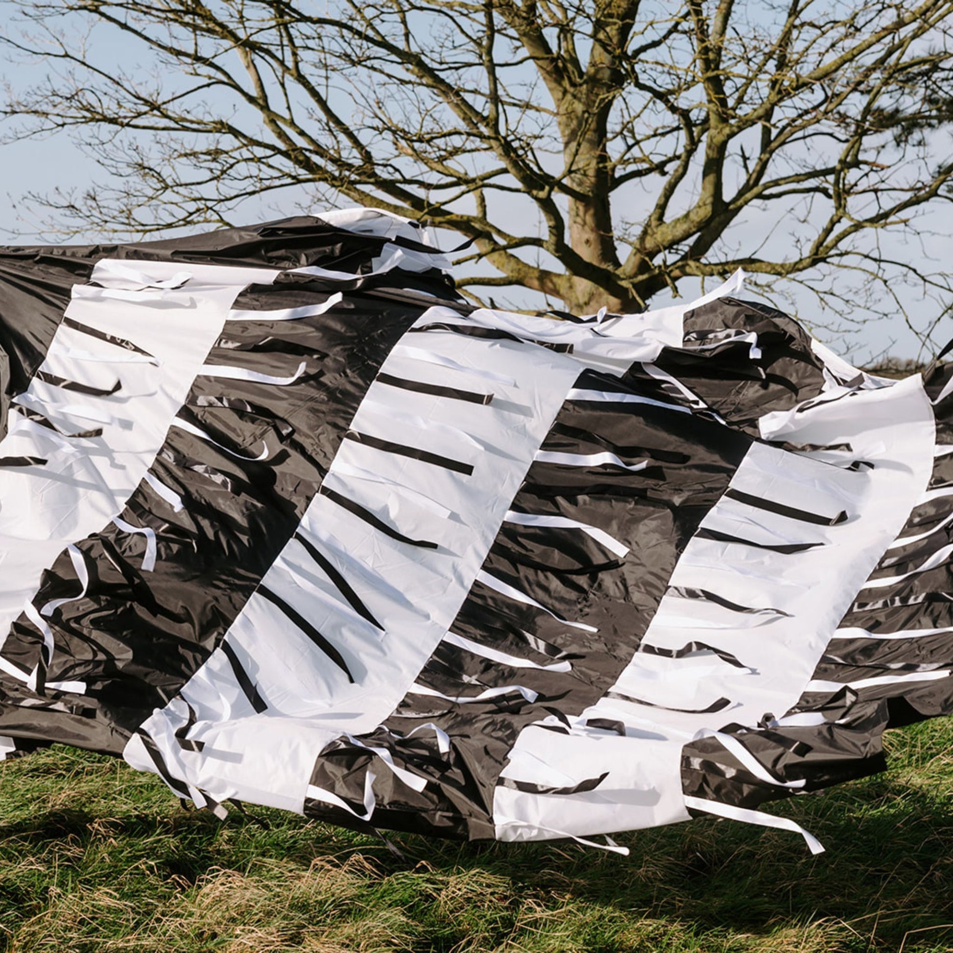 Black and white sensory parachute moving in the breeze, demonstrating high-contrast design for baby development classes