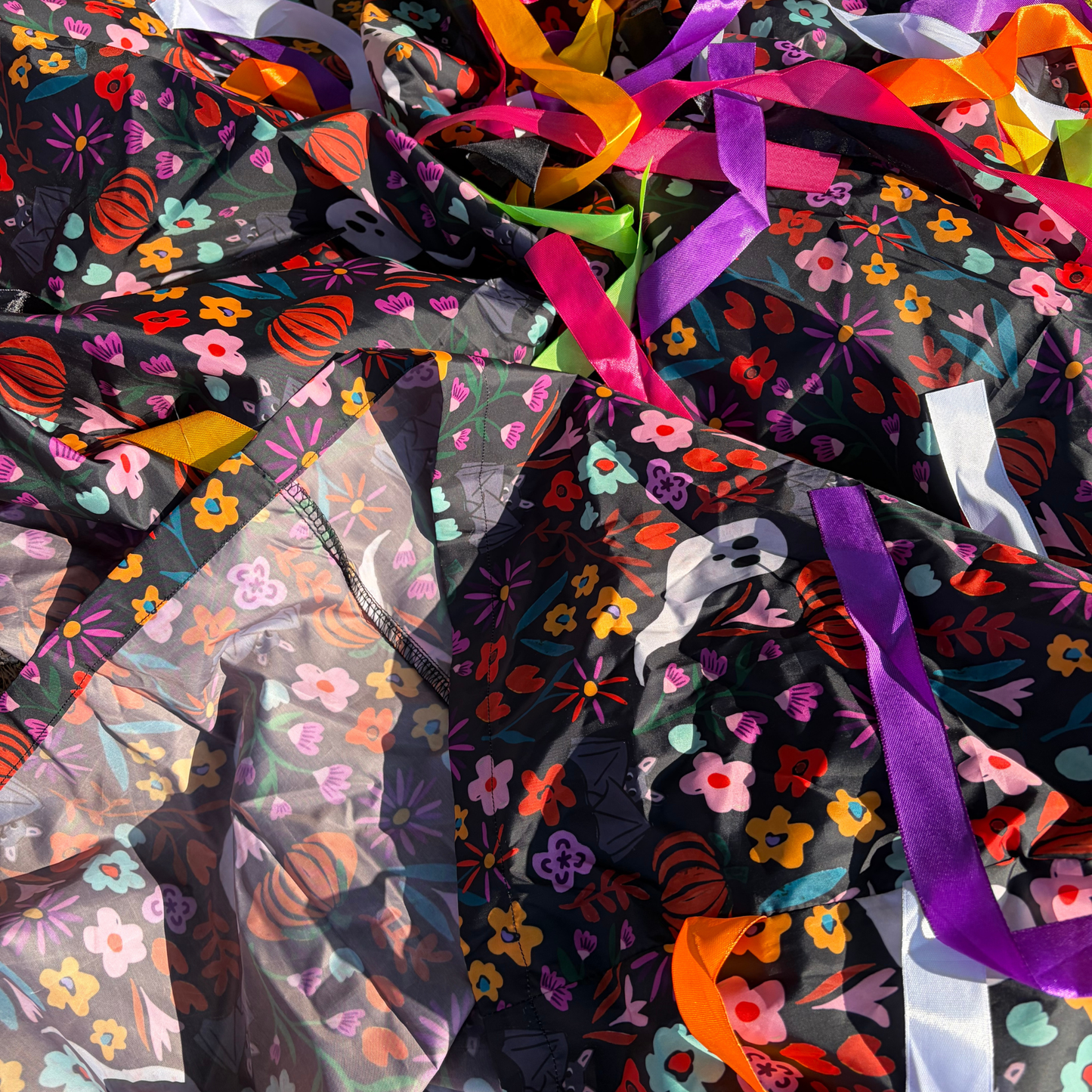 close up of midnight garden sensory parachute showing the back of the fabric designed for baby sensory multi sensory baby classes and EYFS settings